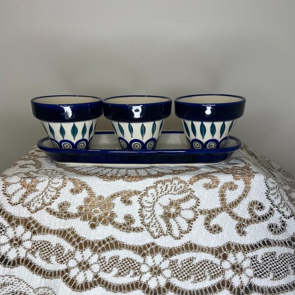 Polish Pottery Boleslawiec  Set of 3 Planters with Tray - Picture 1 of 6